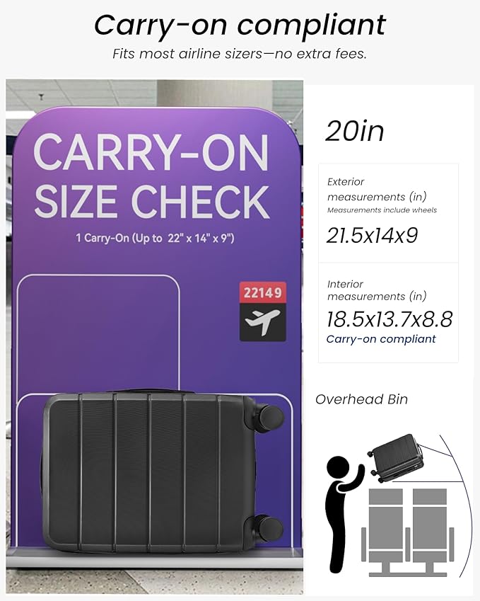 Carry On Luggage 22x14x9 Airline Approved, Expandable ABS Hardside Suitcase with Spinner Wheels & TSA Lock, Lightweight Travel Suitcase for Business (20 in, Black)