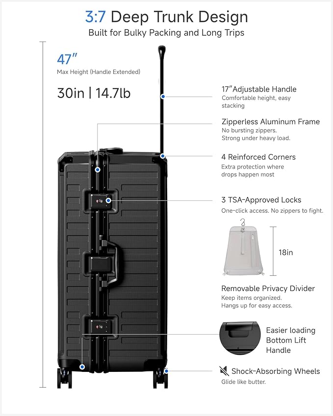 LUGGEX Checked Suitcase with Spinner Wheels, 8010S Aluminum Frame Zipperless Polycarbonate Hard Shell Suitcase (ZX-Core, Black, 30 Inch)