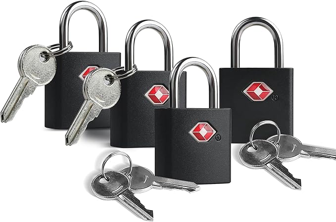 TSA Locks for Luggage with Keys, Travel Luggage Locks TSA Approved 4 Pack, Small Padlock with Key, Keyed Alike Mini Padlock for Suitcase, Backpack, Bag, Zipper, Case, Box, Small Locker