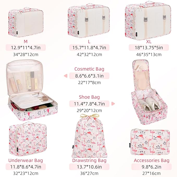 BAGAIL 8 Set Packing Cubes Luggage Packing Organizers for Travel Accessories-Pink Flamingo