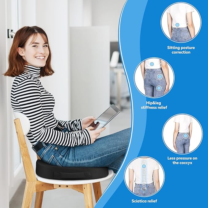 Seat Cushion - Memory Foam Office Chair Cushion for Sciatica, Tailbone & Back Pain Relief - Orthopedic Coccyx Pillow for Car, Airplane, Pregnancy & Long Sitting at Work, Black