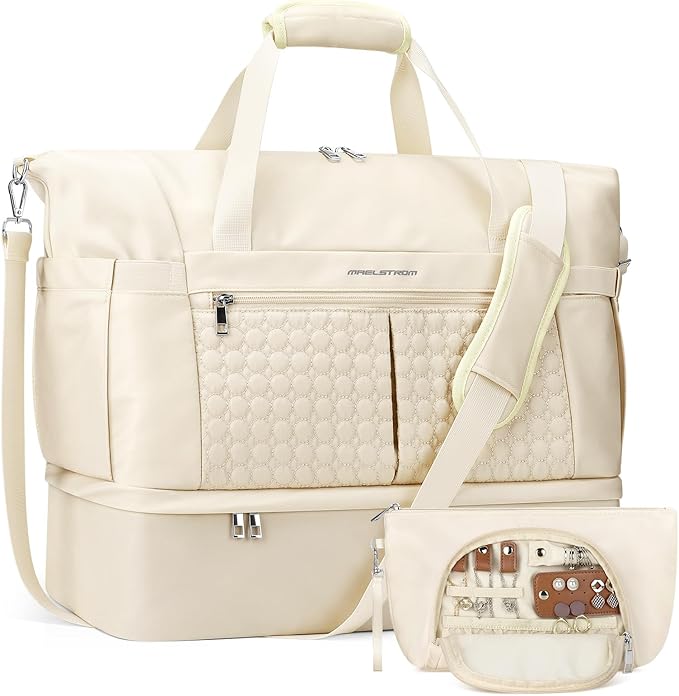 Maelstrom Gym Bag for Women,40L Travel Duffel Bag with Shoes Compartment and Wet Pocket,Waterproof Carry On Weekender Bag,Sport Gym Tote Bags Swimming Yoga, Hospital Holdalls（Beige)