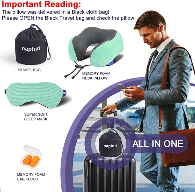 napfun Neck Pillow for Travel with Travel Pouch, Sleep Mask & Earplugs, Memory Foam Airplane Pillow for Headrest Sleep with Eyeshades, Plane Essentials with Eye Blindfold, Turquoise Striped Kit