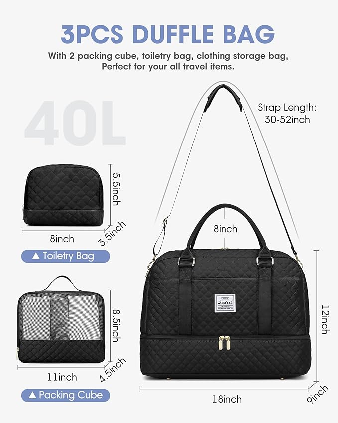 Weekender Travel Duffle Bag for Women: Overnight Bags with Shoe Compartment Carry on duffel Bag for Airplanes with 2 PCS Toiletry Bags Weekend Yoga Gym Hospital Bag with Wet Pocket Black
