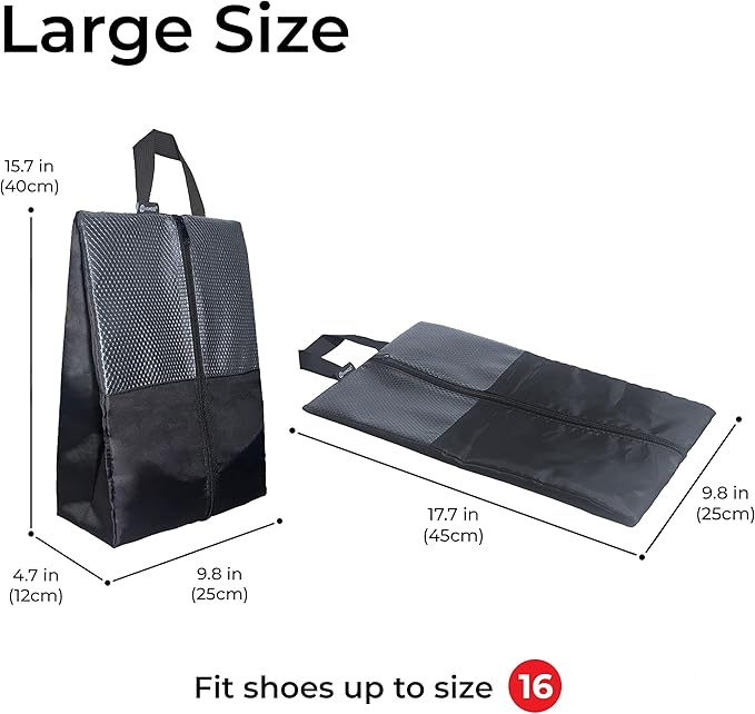 Shoe Bags For Travel, Used As For Storage or Shoe Travel Bag, Space Saving When Travelling With This Travel Shoe Bags For Packing, Featuring Waterproof Nylon Sneaker Bag. (Black, 2 Pack, Large)