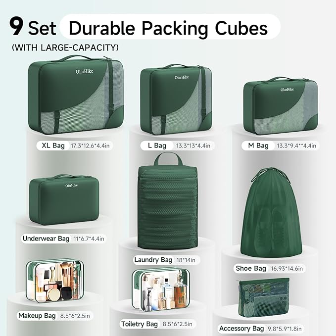 11 Set / 9 Set Packing Cubes for Travel,Gifts for Women Mom Kids,TSA Approved Bags for Makeup, Cosmetic, Toiletry, Organizers for Suitcase Carry On,Cruise Essentials Airplane Accessories,Dark Green