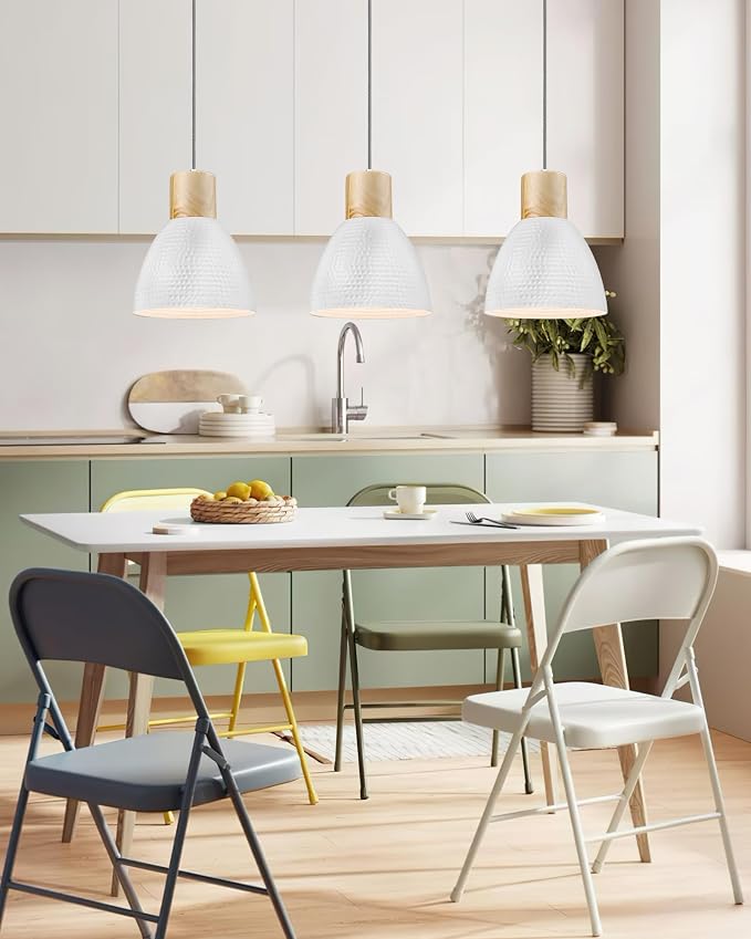 ELYONA 10.2” Hammered Pendant Light Fixtures, Metal & Rubber Wood Island Hanging Lamp, Adjustable Height, Modern Pendant Lighting for Kitchen,Farmhouse Bar,Dining Room,Bedroom, Nordic White