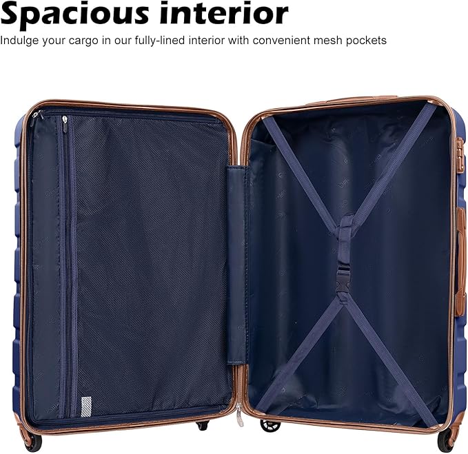 Coolife Luggage 3 Piece Set, Lightweight Durable Hardshell Suitcase set with 360° Spinner Wheels, TSA-approved Lock, Checked Family Travel Luggage sets, 20/24/28 Inch, Apricot Navy