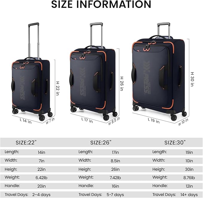 3-Piece Softside Upright Luggage Set with Front Open Pocket, Lightweight and Waterproof Durable Suitcase Sets Double Spinner Wheels（Blue, 22in/26in/30in）