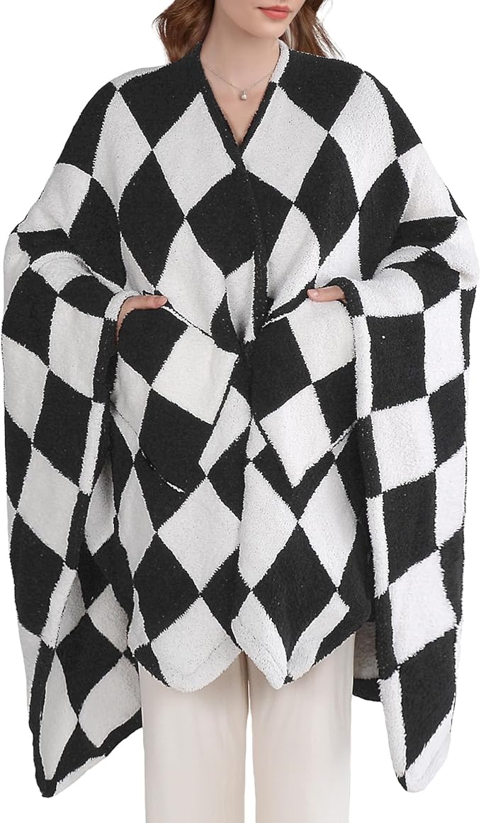 JOOJA Wearable Blanket Super Soft Feather Yarn Blanket Shawl with Pockets Fuzzy Throw Blanket TV Blanket for Adults Teens