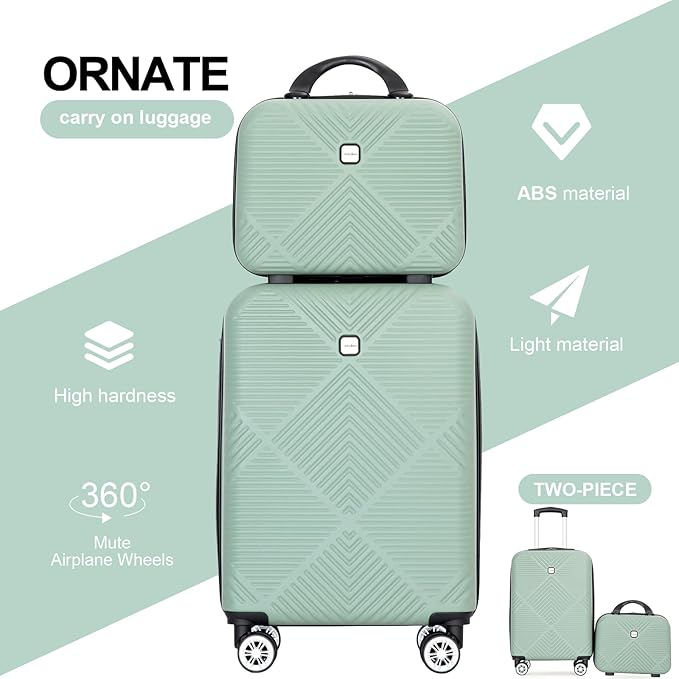 2 Piece Carry on Luggage Set, Airline Approved 20 Inch Luggage with Cosmetic Case HardShell Suitcase with Spinner Wheels, Lightweight Durable Hardside Suitcases Set, Olive Green