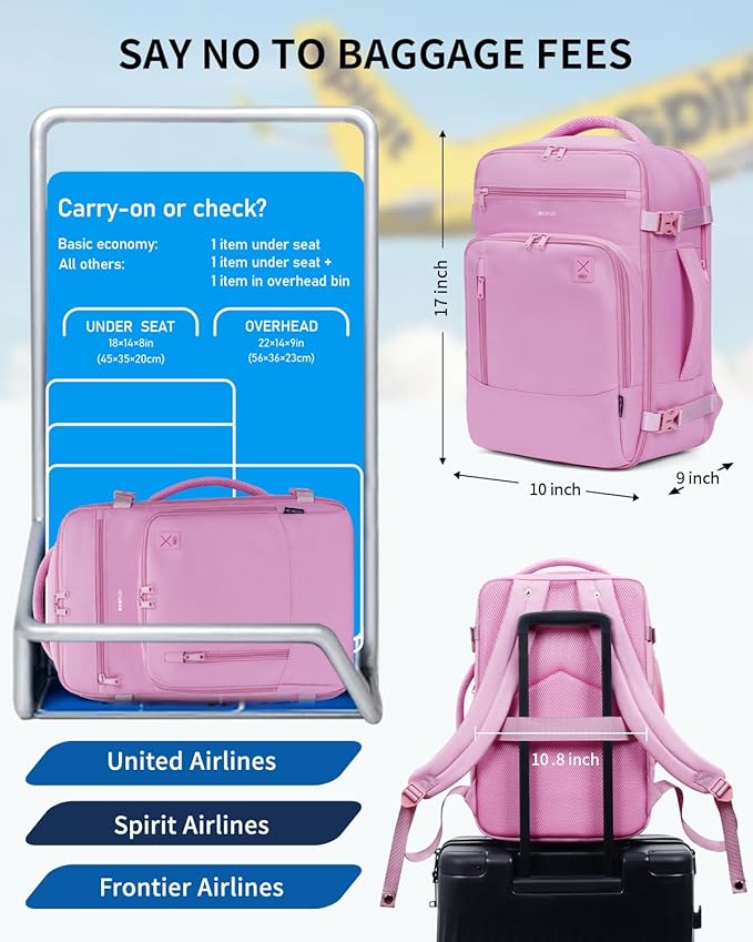 ECOHUB 17" Small Travel Backpack, United Airlines Personal Item Bag 17x10x9 with 16 Pockets, Water Resistant Rucksacks Fit 15.6" Laptop, AirTag Pocket, Lightweight Casual Daypack, 25L, Pink