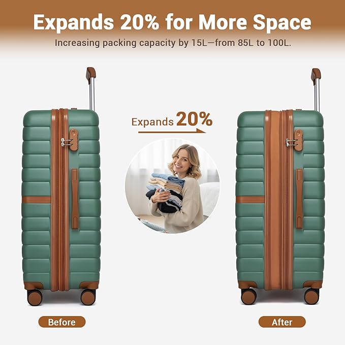 Kono Expandable 28 Inch Luggage with Spinner Wheels, Large Checked Luggage with Lock, Lightweight & Anti-Scratch PC+ABS Hardshell Travel Suitcase, Green/Brown