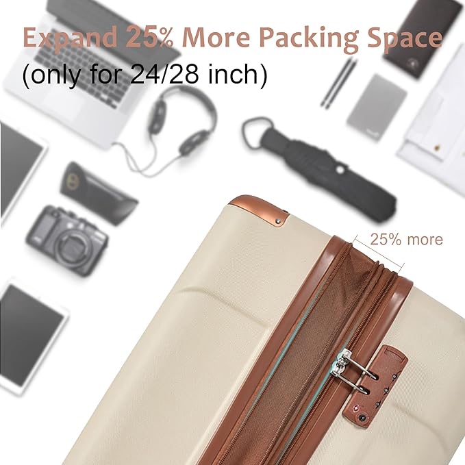24 Inch Checked-Large Luggage, Lightweight ABS Hard Shell Suitcase with Spinner Wheels, Expandable Travel Luggage with Combination Lock & Side Hooks for Men Women, White Brown