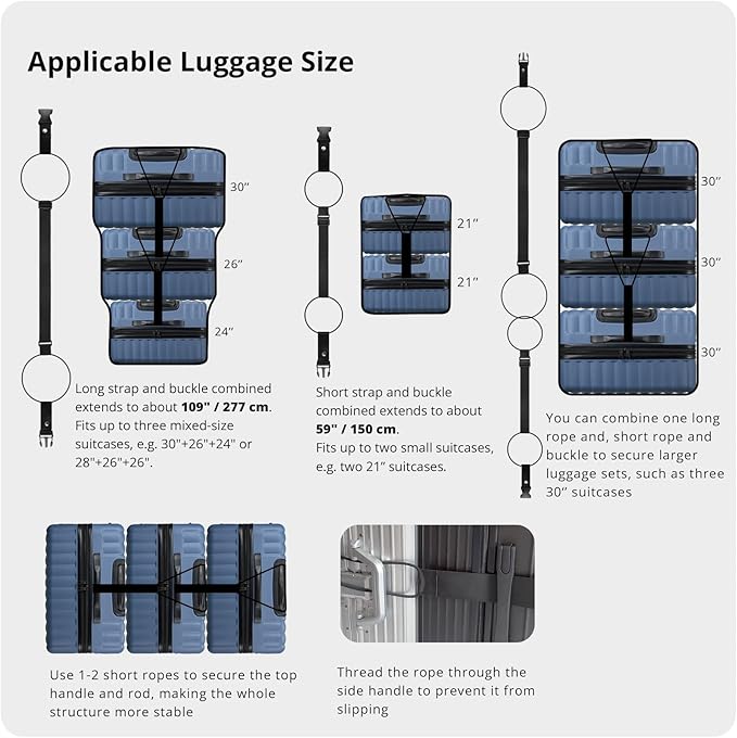 Luggage Straps 3 PCS for Suitcases TSA Approved 2 Short & 1 Long Adjustable Straps with Elastic Thick Rope for Connecting Suitcases and Bags Stably with Strap Buckle and Bottle Buckle Clip, Black
