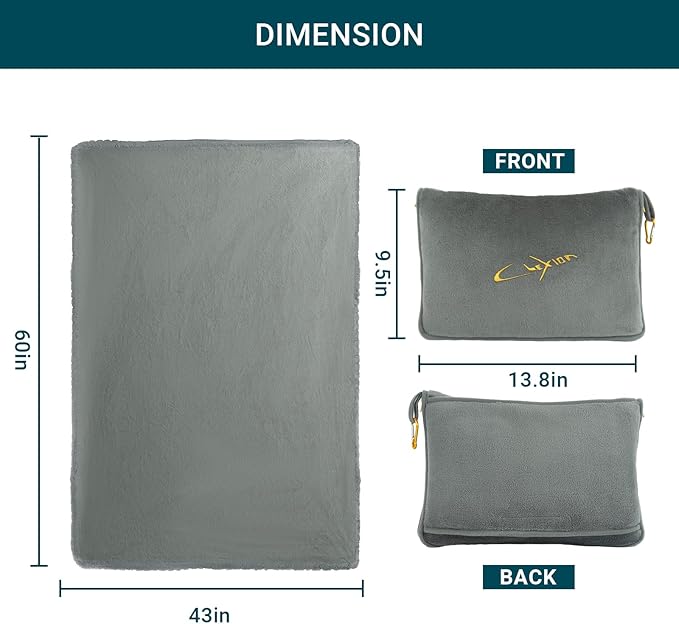 Travel Blanket and Pillow Set for Airplane, 300 GSM Soft Fleece Compact Travel Blanket with Inflatable Pillow and Carry Bag, 60x43 Inches, Grey