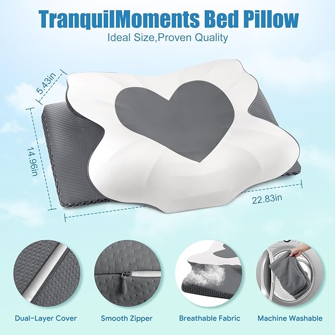 Cervical Neck Pillow for Sleeping, Memory Foam Pillow for Neck Support, Ergonomic Pillow for Pain Relief, Contour Bed Pillow for Side Back Stomach Sleepers, Grey, Standard Size