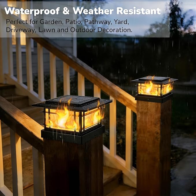 Dynaming 4x4 Solar Post Cap Lights Outdoor with Flickering Flame Light, 2 Pack Black Shell Fence Post Solar Lights Fit 4x4 Vinyl/Wooden Posts, Brightness LED Lighting Decor for Garden Deck Patio