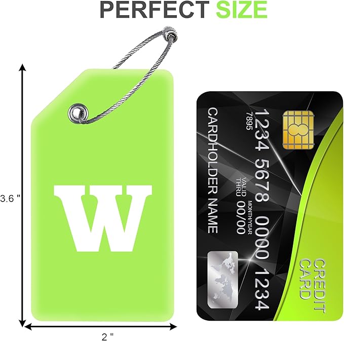 Gostwo 8 Pack Luggage Tags for Suitcases, 26 Initial Letter Travel Luggage Baggage Identification Labels ID Tags Fully Bendable Tags with Stainless Steel Loop (Letter W, Green)