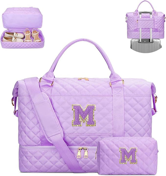 Gifts for Teenage Girl Initial Travel Duffle Bag Quilted Weekender Bags Carry-On Overnight with Cosmetic Bag, Gym Bag with Shoe Compartment Hospital Bag for Women Labor Delivery, Purple-M