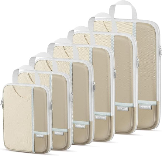 Percover Compression Packing Cubes 6-Piece Set, Packing Cubes Compression for Travel with Multi-Size Organization, Travel Organizer for Carry On & Checked Luggage, Camel