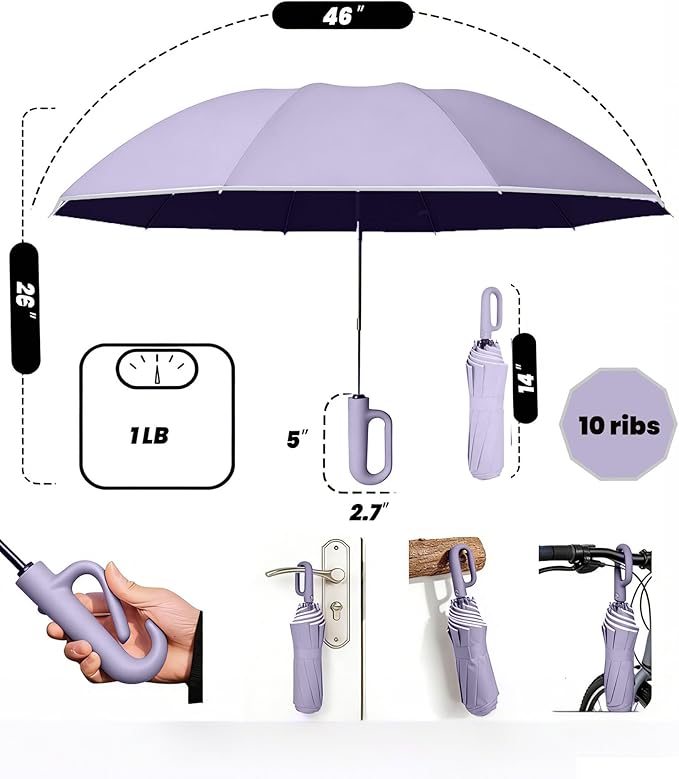 SIEPASA Travel Umbrella with Carabiner Handle - Windproof 10 Ribs Auto Open/Close for Rain & Sun Protection, Compact Portable Clip-on Backpack Design with Safety Reflective Strip.