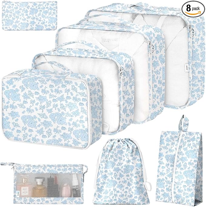8 Set Packing Cubes for Suitcases,Packing Cube with Shoe, Cosmetics, Clothing, and Accessories Bags Packing Cubes for Travel Luggage Organizer Women Men(Blue Flowers)