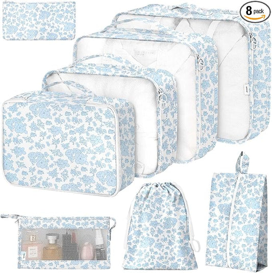 8 Set Packing Cubes for Suitcases,Packing Cube with Shoe, Cosmetics, Clothing, and Accessories Bags Packing Cubes for Travel Luggage Organizer Women Men(Blue Flowers)