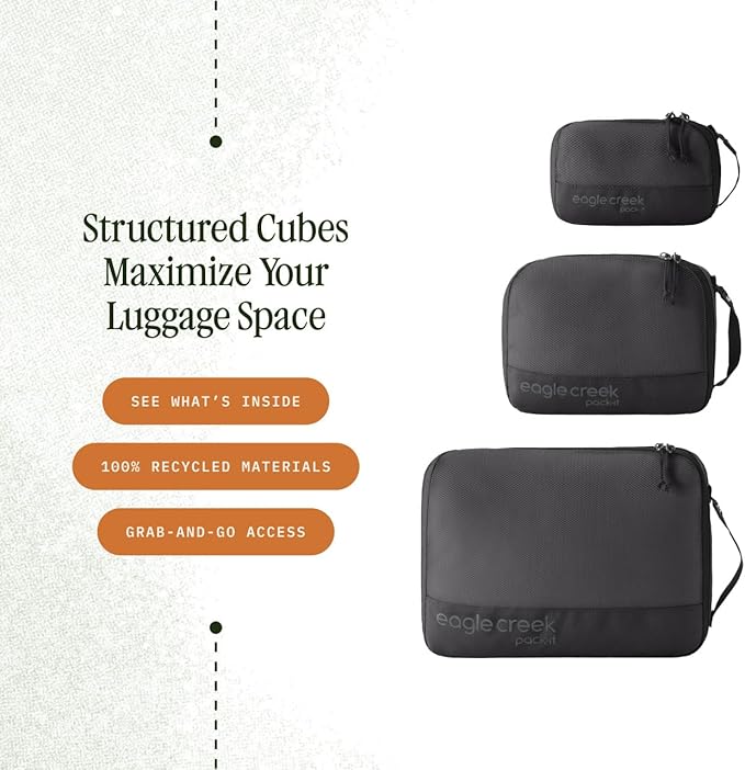 Eagle Creek Pack-It Reveal Cube Set - Packing Cubes for Compartmentalizing Luggage - Durable - Ultra-Lightweight - Water-Resistant - Easy Grab Zipper Pull - Mesh Windows - Black - XS/S/M