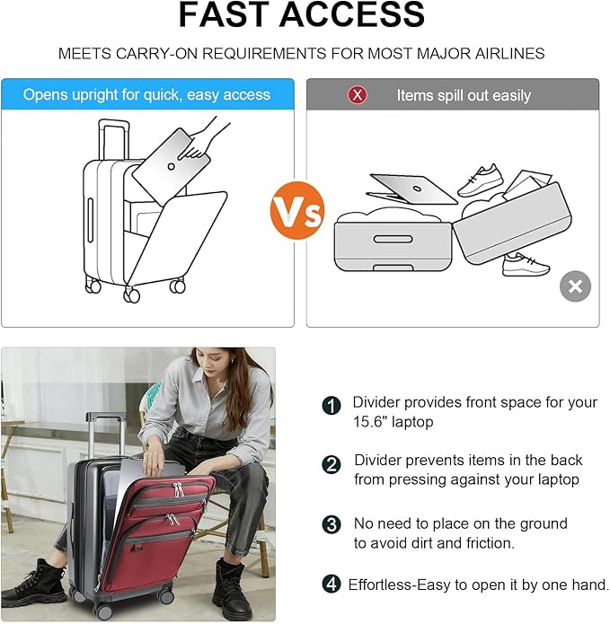 KROSER Hardside Expandable Carry On Luggage 22x14x9 Airline Approved With Front Business Pockets, 20 Inch Suitcases with Wheels, Carry on Suitcase with TSA Lock & USB Port, Black-Dark Red