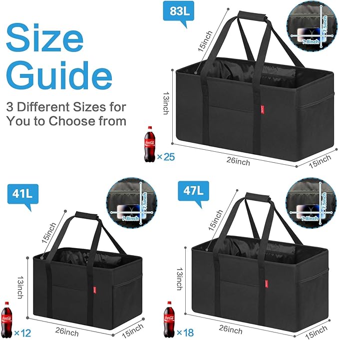 LHZK Standing Extra Large Utility Tote Bag with Metal Wire Frame and the Sides Rinforced, Extra Large Tote Bag with Handle, Reusable Grocery Bags Foldable, Beach Bag, Car Tote (Black, 26''x15''x13'')