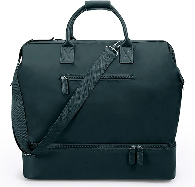NOBL Travel Weekender Bag for Women & Men, Large Duffel Carry-On Tote with Trolley Sleeve, Separate Shoe Compartment & Laptop Pocket, Leather Overnight Bag for Airplane, Gym, Road Trips - Forest Green