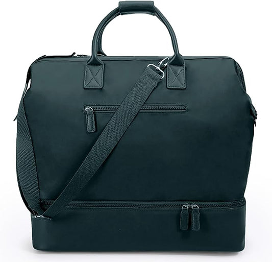 NOBL Travel Weekender Bag for Women & Men, Large Duffel Carry-On Tote with Trolley Sleeve, Separate Shoe Compartment & Laptop Pocket, Leather Overnight Bag for Airplane, Gym, Road Trips - Forest Green