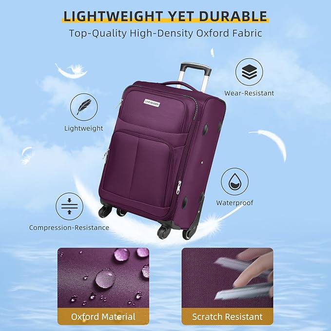 LARVENDER Softside Luggage Sets 5 Piece Expandable Suitcases Set with Spinner Wheels TSA Lock, Lightweight Soft Shell Rolling Travel Luggage Set for Men and Women, Purple