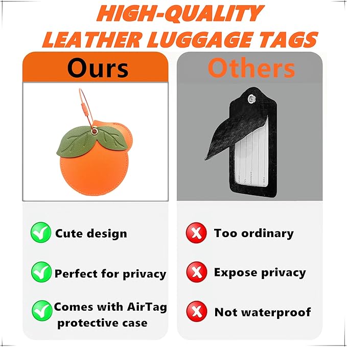 Cute Leather Luggage Tag Holder with Airtag Case Set,Hidden Compartment for AirTag Travel Suitcase Tracking Case with Stainless Steel Loop,Name ID Label(Persimmon)