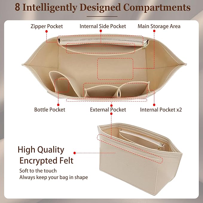 Doxo Purse Organizer Insert for Longchamp Le Pliage Tote, Large Bag Organizer with 8 Compartments, YKK Zipper Pocket Cup Holder, Handbag Shaper for Women, Fits Original/Green/Energy L Tote (Beige, WL)