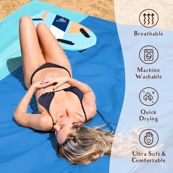 AlphaBeing Beach Blanket Waterproof Sandproof, Extra Large Beach Mat for 1–8 Adults, Oversized Picnic Blanket with 4 Stakes & Storage Bag, Essential Beach Gear for Travel