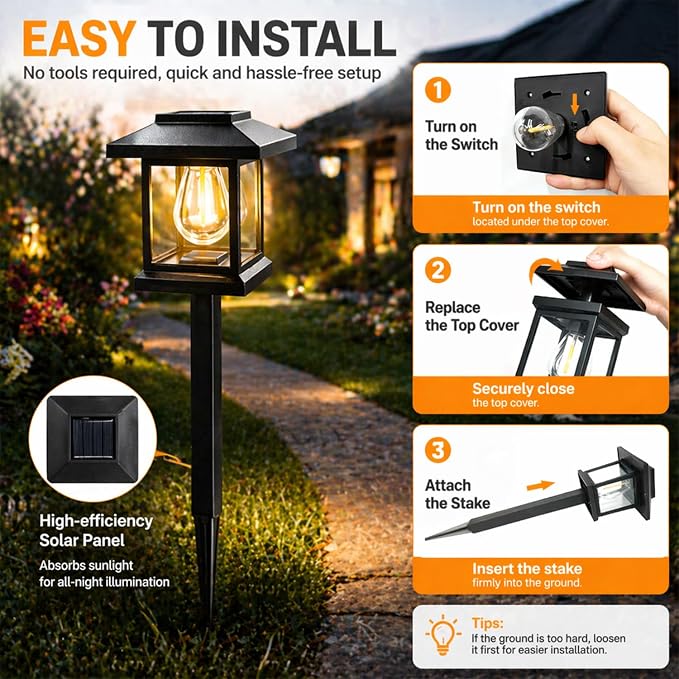 Solar Pathway Lights 12-Pack for Yard Walkways | IP65 waterproof solar landscape lights. High-efficiency panels provide auto dusk-to-dawn glow for yard and driveway security