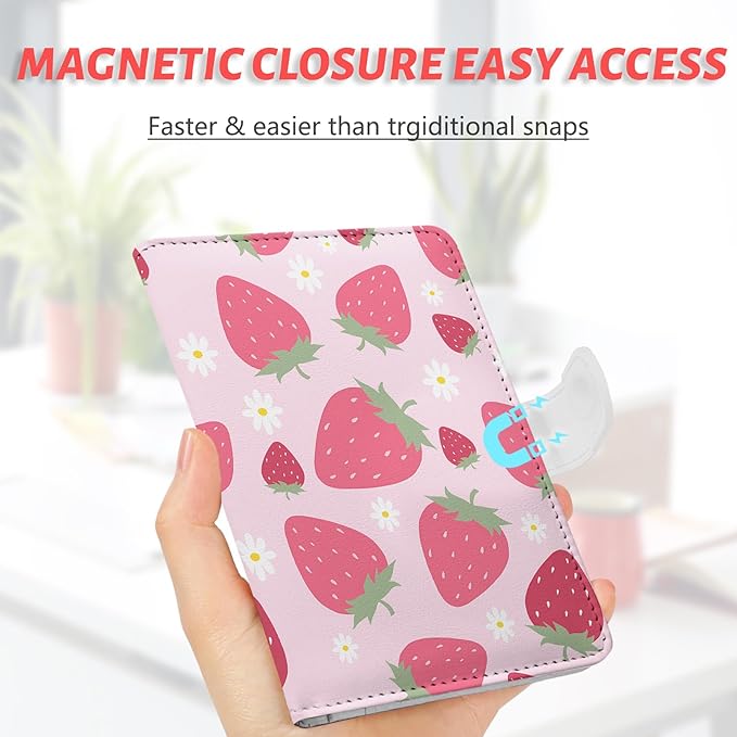 Passport Holder, Travel Wallet Cover with Pen Loop | Cute RFID Blocking Leather Case with Magnetic Closure for Travel Essentials-Strawberry