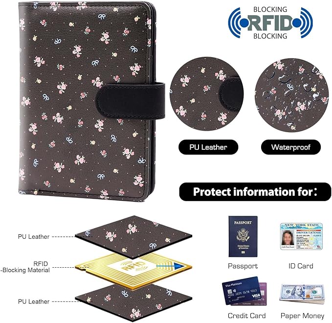 Melsbrinna Rfid Passport Holder for Travel women/Men, Cute Passport Wallet Rfid Blocking Card Slots, Rfid Passport Cover/CaseTravel Wallet, Passport Book Holder (1, floral black a)
