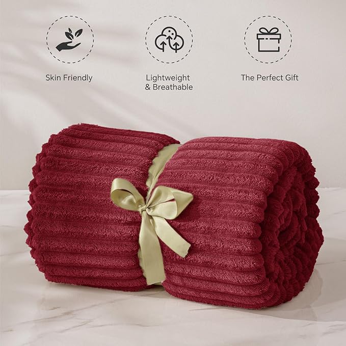 BEDELITE Fleece Blanket Twin Size – 3D Ribbed Jacquard Soft and Warm Decorative Fuzzy Blankets – Cozy, Fluffy, Plush Lightweight Throw Blankets for Couch, Bed, Sofa(Burgundy, 60x80 inches)