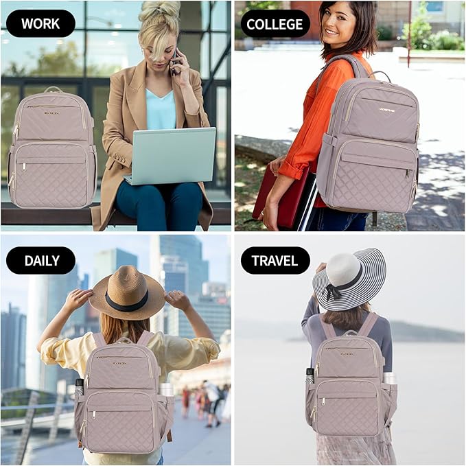 EMPSIGN Laptop Backpack Purse for Women and Men with USB Charging Port, 15.6 Inch Travel Water Resistant Quilted Backpack, High-Capacity 30L Work Business Computer Backpack, Quilted Grey Pink