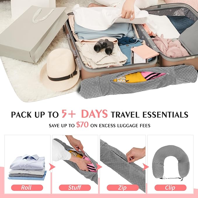 Stuffable Travel Pillow, Stuffable Neck Pillow for Travel, Neck Pillow Stuffed with Clothes Storage - No Extra Baggage Fees, Fits 5+ Days of Travel Essentials, No Filler (Grey-Checkerboard)