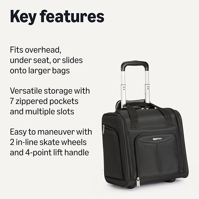Amazon Basics Underseat Carry-On Luggage with Wheels and Handle, 14" Rolling Travel Bag, Fits Under the Seat, Black