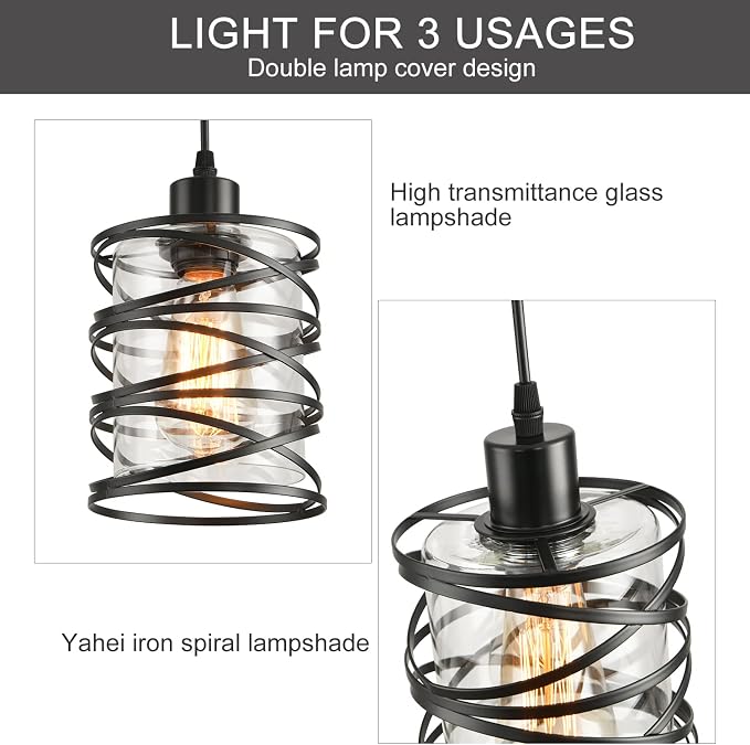 3 Pack Pendant Light Kitchen Island Pendant Lighting, Glass Hanging Light with Spiral Cage Clear Glass Shade, Black Modern Indoor Hanging Lamp