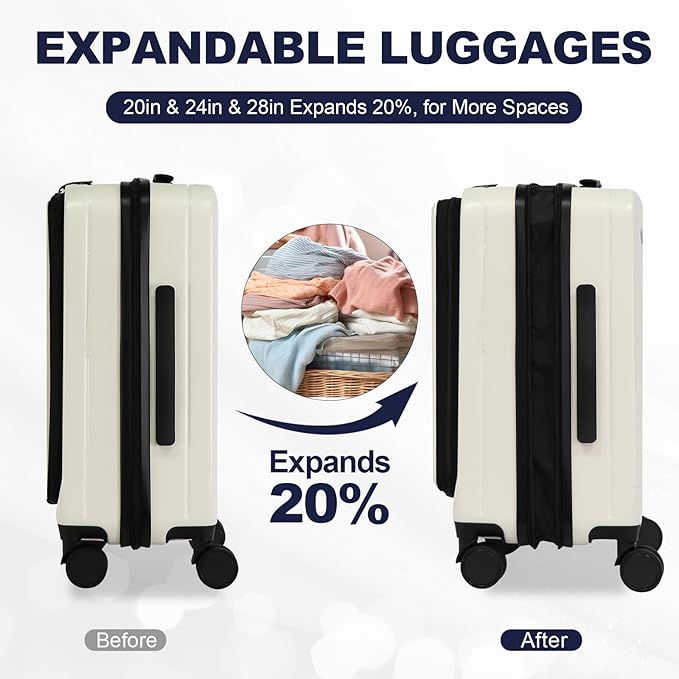 Merax Luggage Sets 3 Piece,Front Open PC Hardshell Expandable Carry on Suitcase with Spinner Wheels and TSA Lock,Lightweight 20in/24in/28in Luggage,Creamy White
