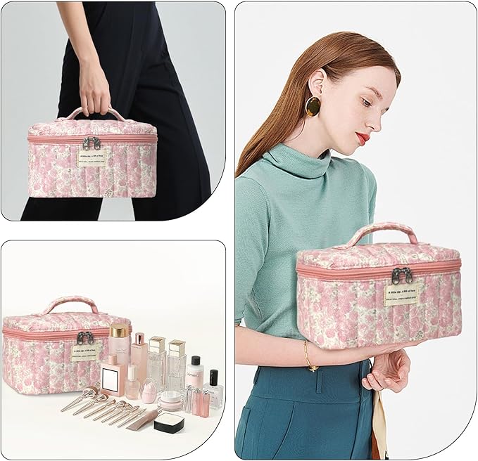 Large Makeup Bag, Cute Cosmetic Bag for Women Girls, Floral Coquette Aesthetic Toiletry Bag, Travel Make Up Organizer Bag (Crushed Flower)