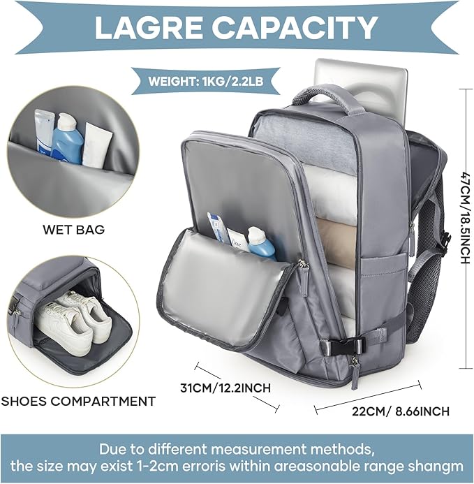 WONHOX Large Travel Backpack Carry on Flight Approved Laptop Work Business Backpack for Women Men Mochila de Viaje