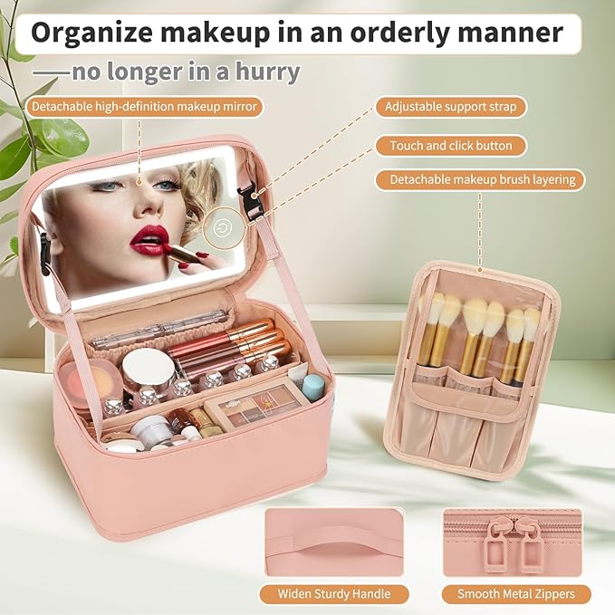 Makeup Bag With LED Mirror, Lightweight Travel Makeup Bag With 3 Color Setting Light Up Mirror Cosmetic Makeup Organizer Vanity Case for Women Beauty Tools Accessories Rechargeable Train Case-Pink