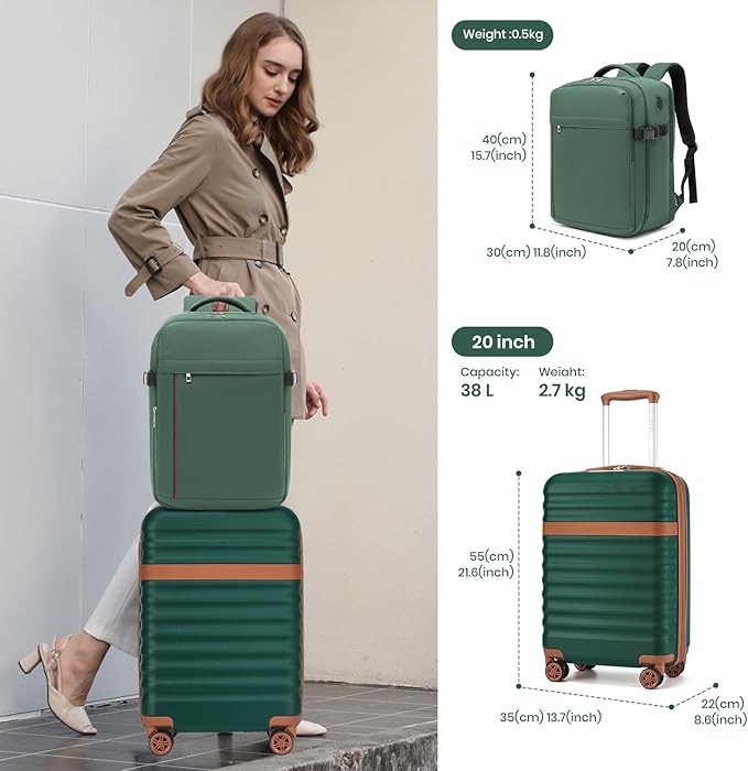 Kono Airline Approved Suitcase Set 3 Piece Luggage Set Lightweight Carry On Travel Luggage, TSA Lock Spinner Wheels Hardshell (Green/Brown, (BP/20))